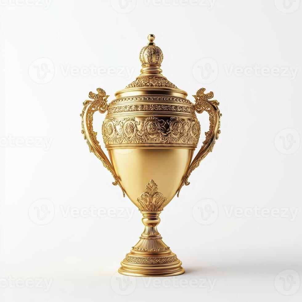 An ornate golden trophy with intricate designs and handles, symbolizing achievement and victory photo