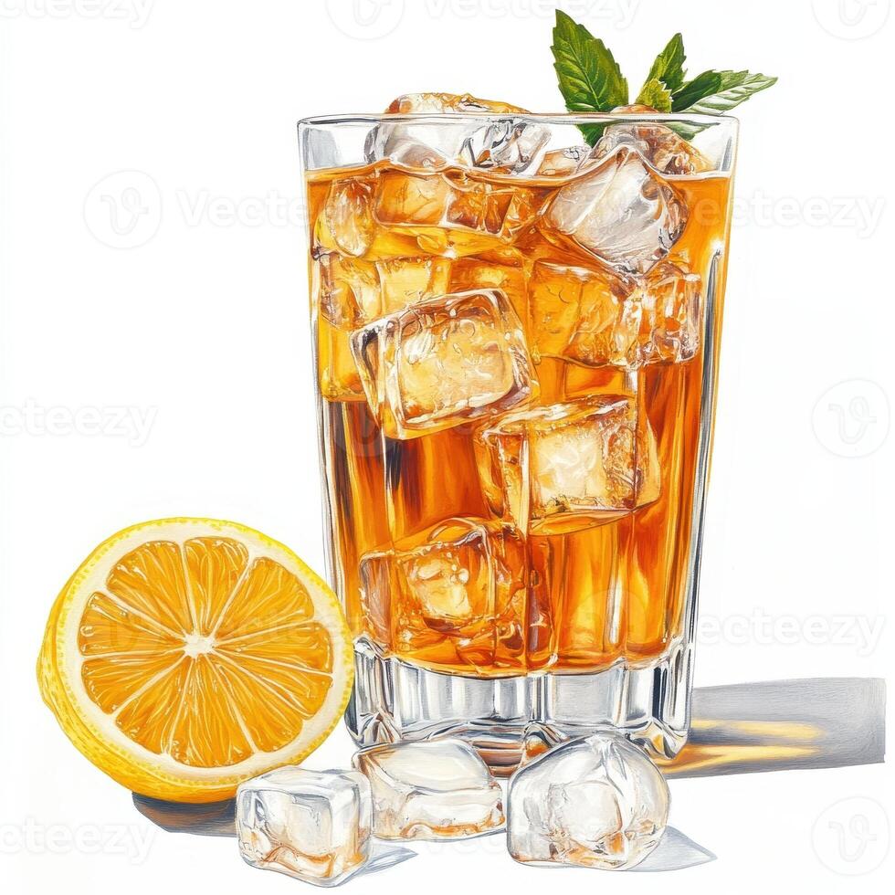 A glass of iced tea with lemon and mint, showcasing a refreshing summer drink. photo