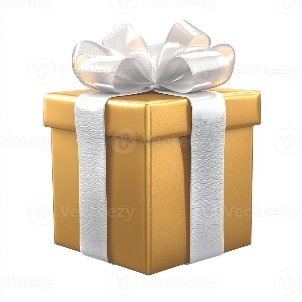 A shiny golden gift box adorned with a white ribbon and bow, symbolizing celebration and giving. photo