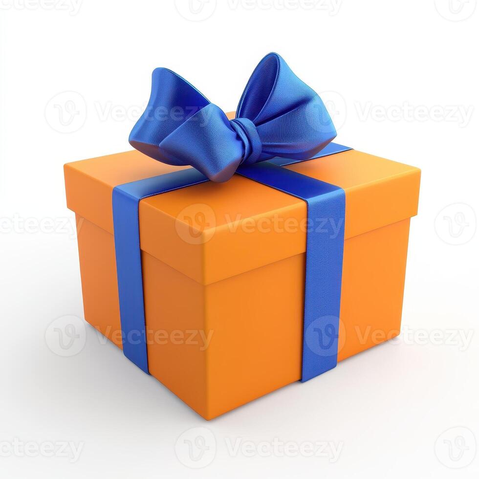 A vibrant orange gift box with a blue ribbon and bow, symbolizing celebration and surprise. photo