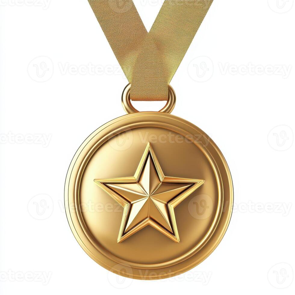 A shiny gold medal featuring a star, suspended from a ribbon, symbolizing achievement and victory. photo