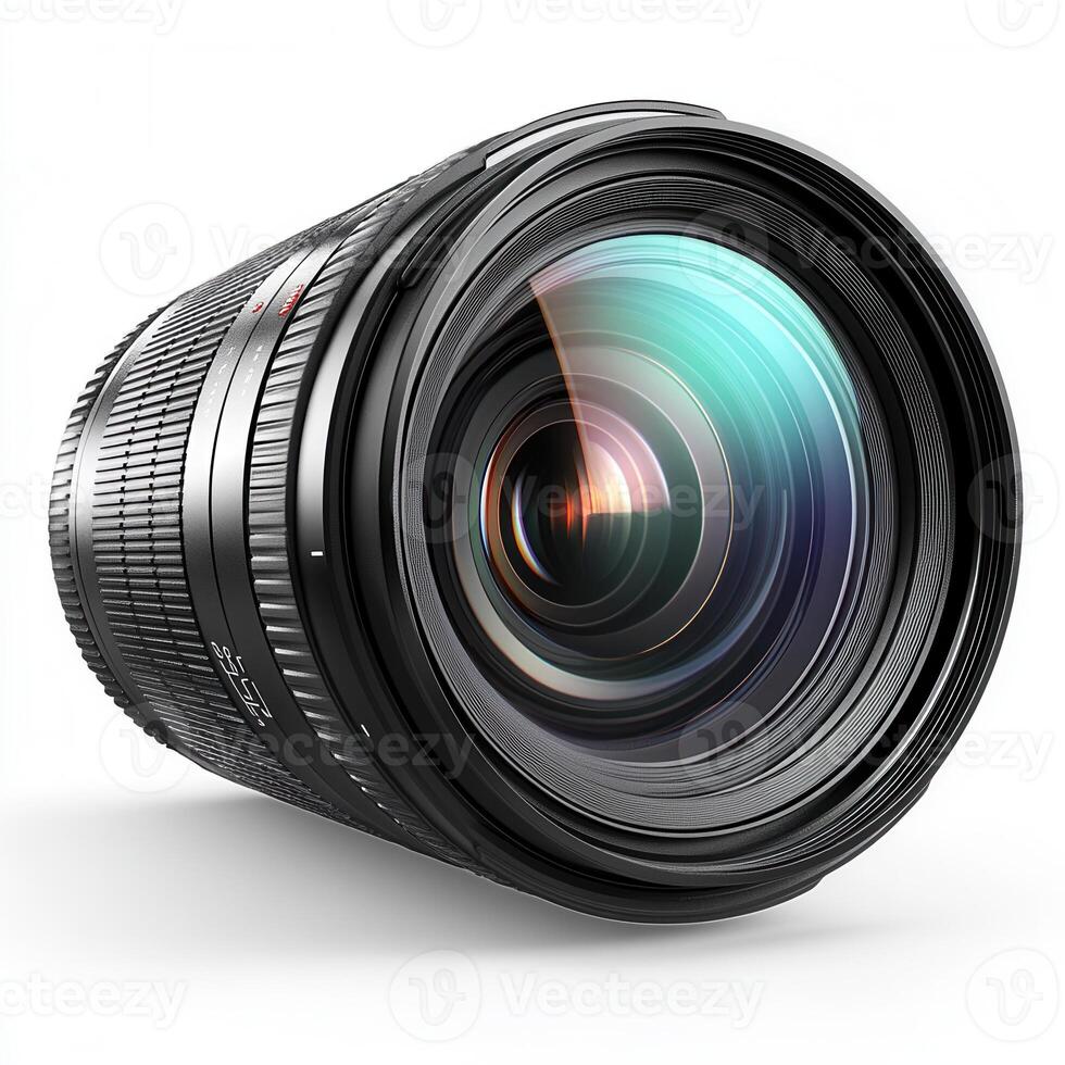 A camera lens showcasing its glass and mechanical design, used for photography photo