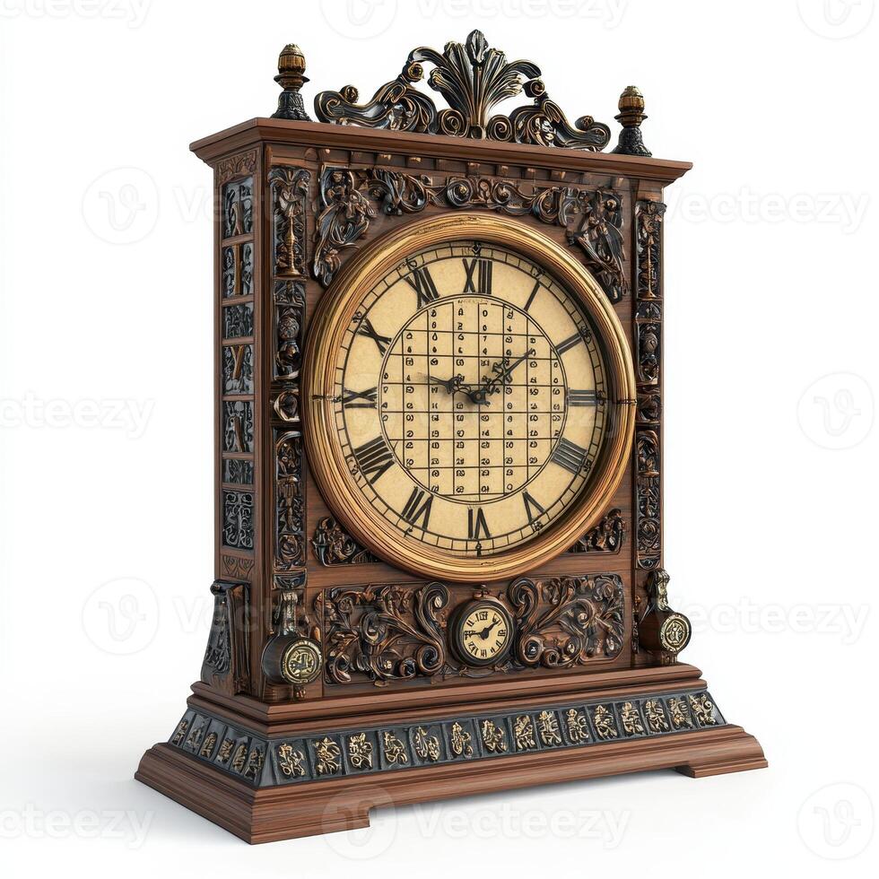 Ornate vintage clock with intricate carvings and a classic design for timekeeping. photo