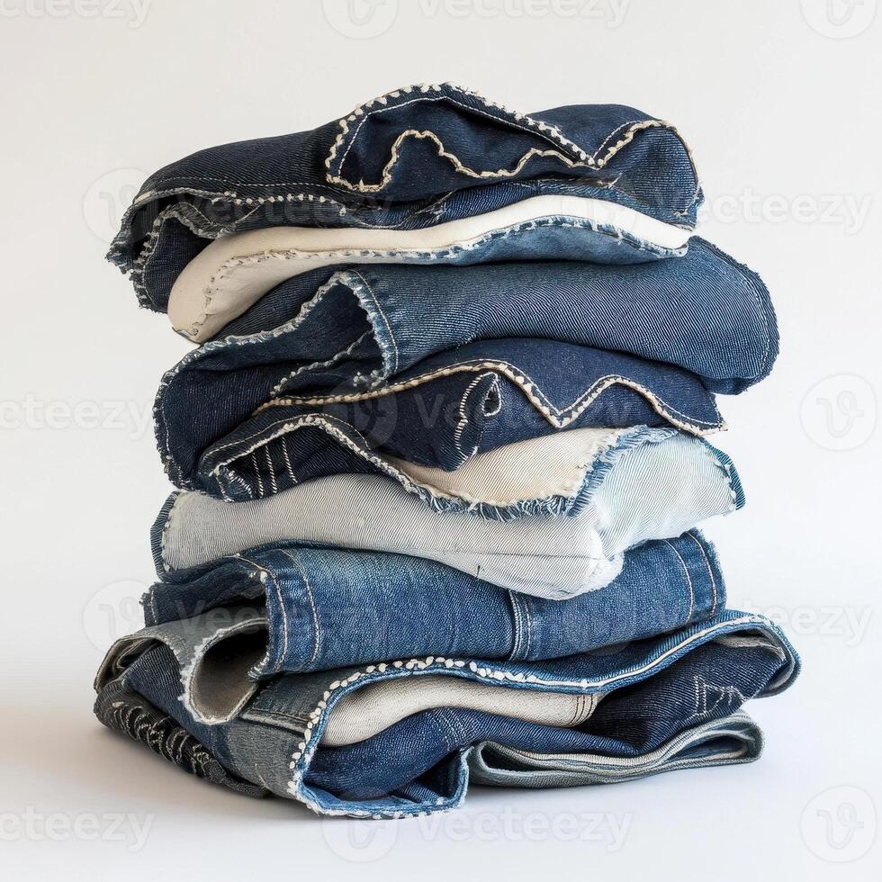 A neatly stacked pile of various denim jeans in different shades and styles. photo