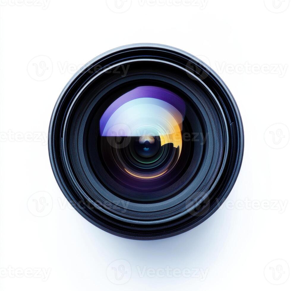A close-up of a camera lens showcasing its reflective surface and intricate design. photo