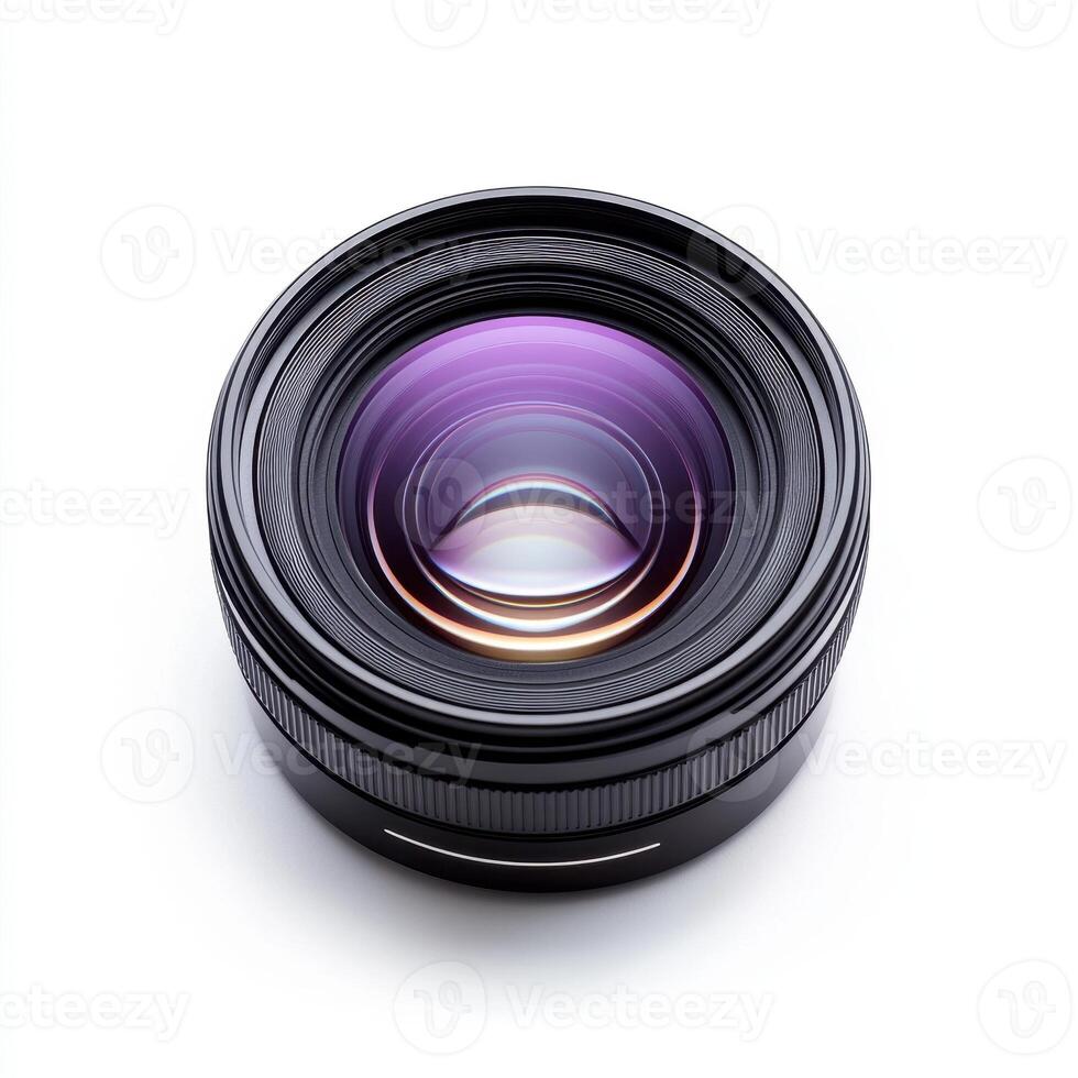 A close-up view of a camera lens showcasing its intricate design and optical elements, photo