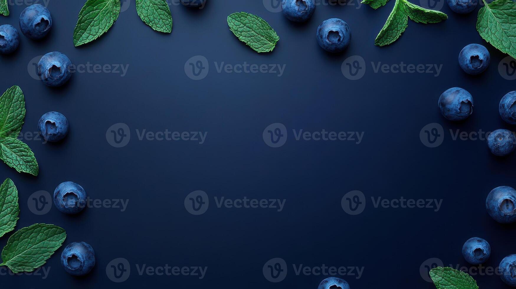 A flat lay of blueberries and mint leaves on a dark background, ideal for food-related designs. photo