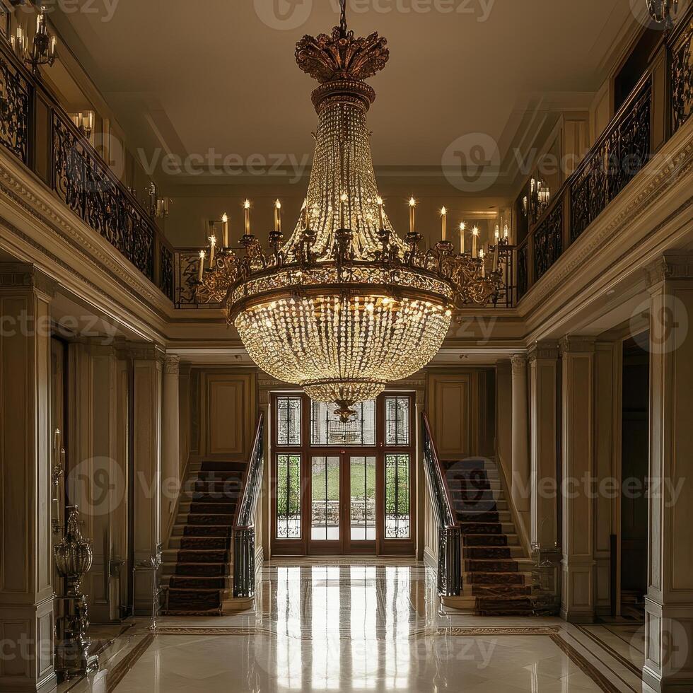 Grand entrance hall featuring a large chandelier and elegant staircase. photo