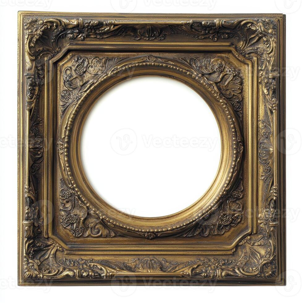 Ornate vintage picture frame with a circular opening for displaying artwork or photographs. photo
