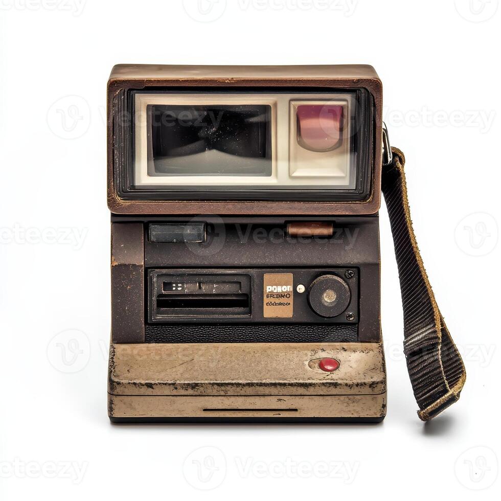 A vintage instant camera with a classic design and a strap for portability. photo