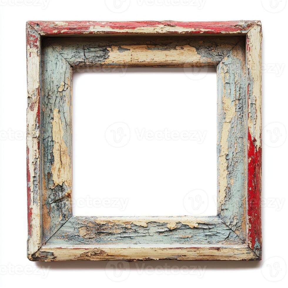 A weathered, vintage picture frame with peeling paint and a rustic appearance. photo