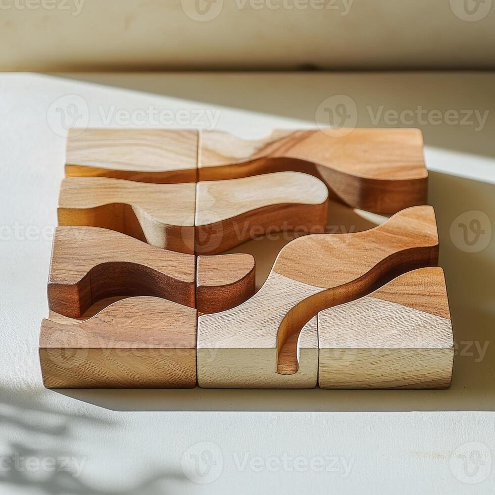 A set of wooden puzzle pieces with flowing shapes, designed for tactile play and creativity. photo