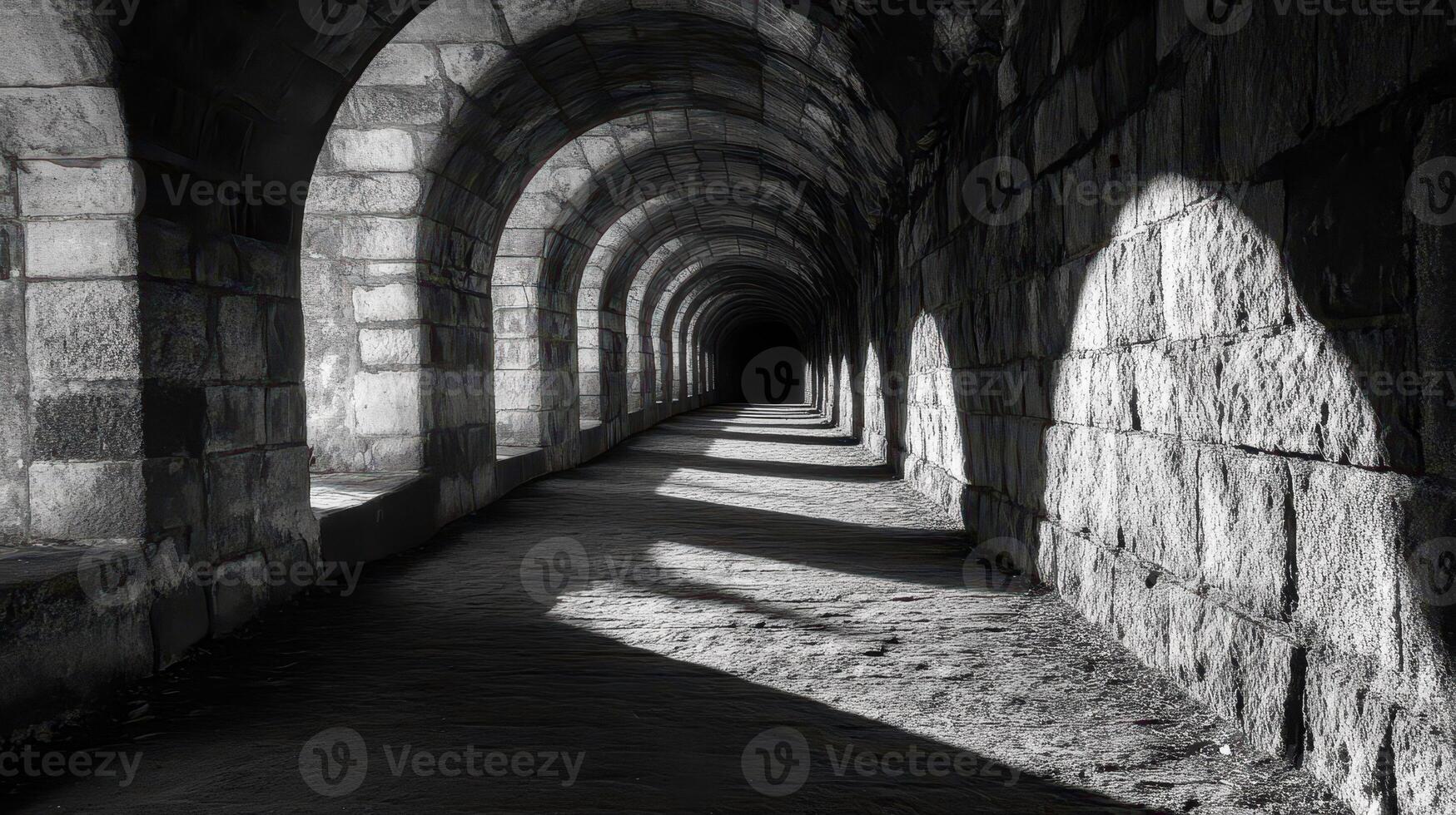 A monochrome tunnel with arched stone walls and shadows creating a mysterious atmosphere. photo
