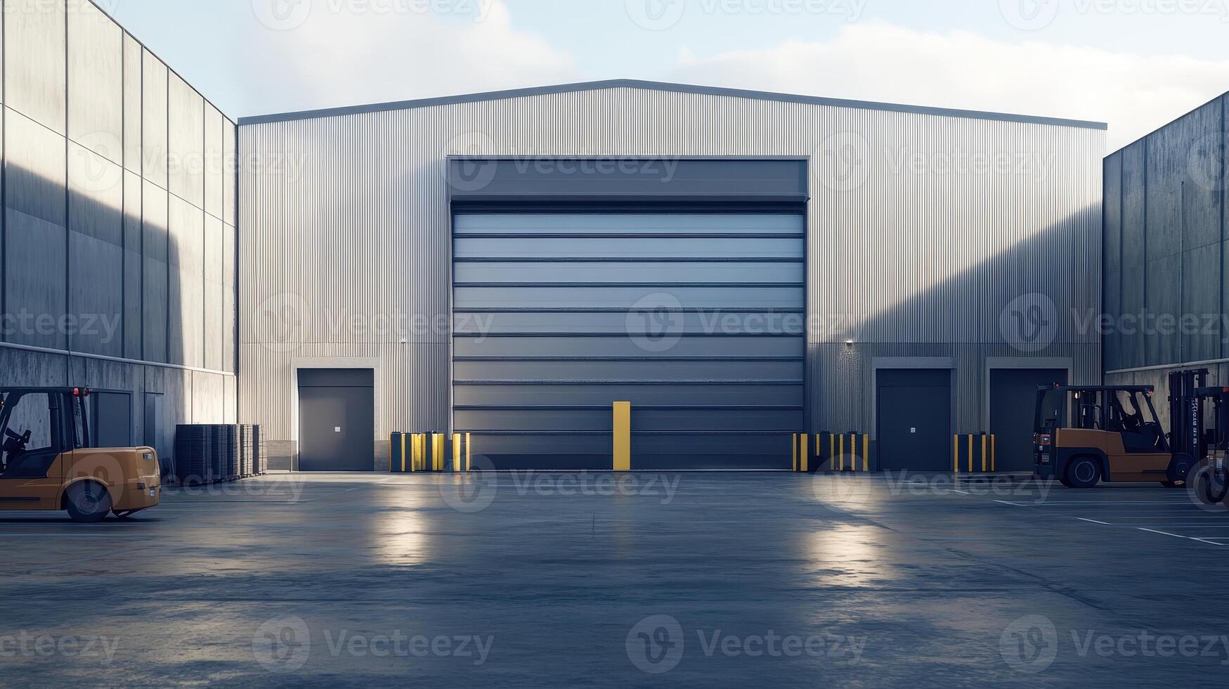 Industrial warehouse with loading area and forklifts in a spacious environment. photo