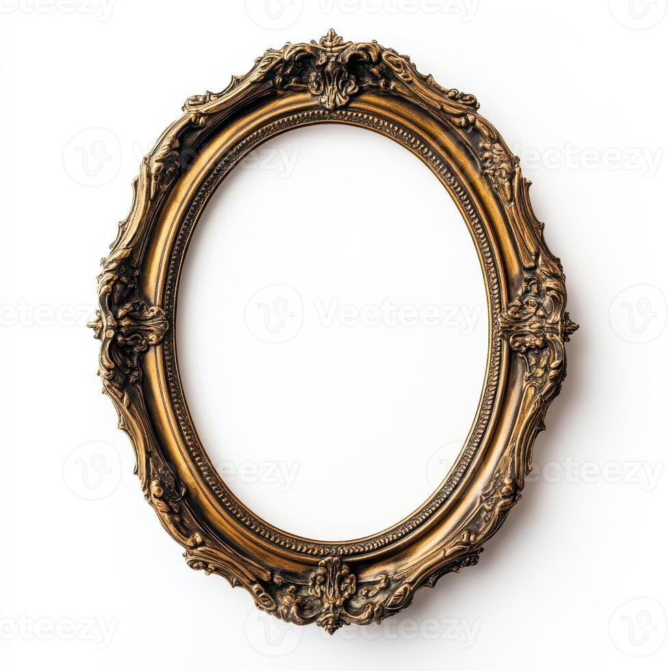 An ornate oval picture frame with intricate detailing, empty for displaying artwork or photos. photo