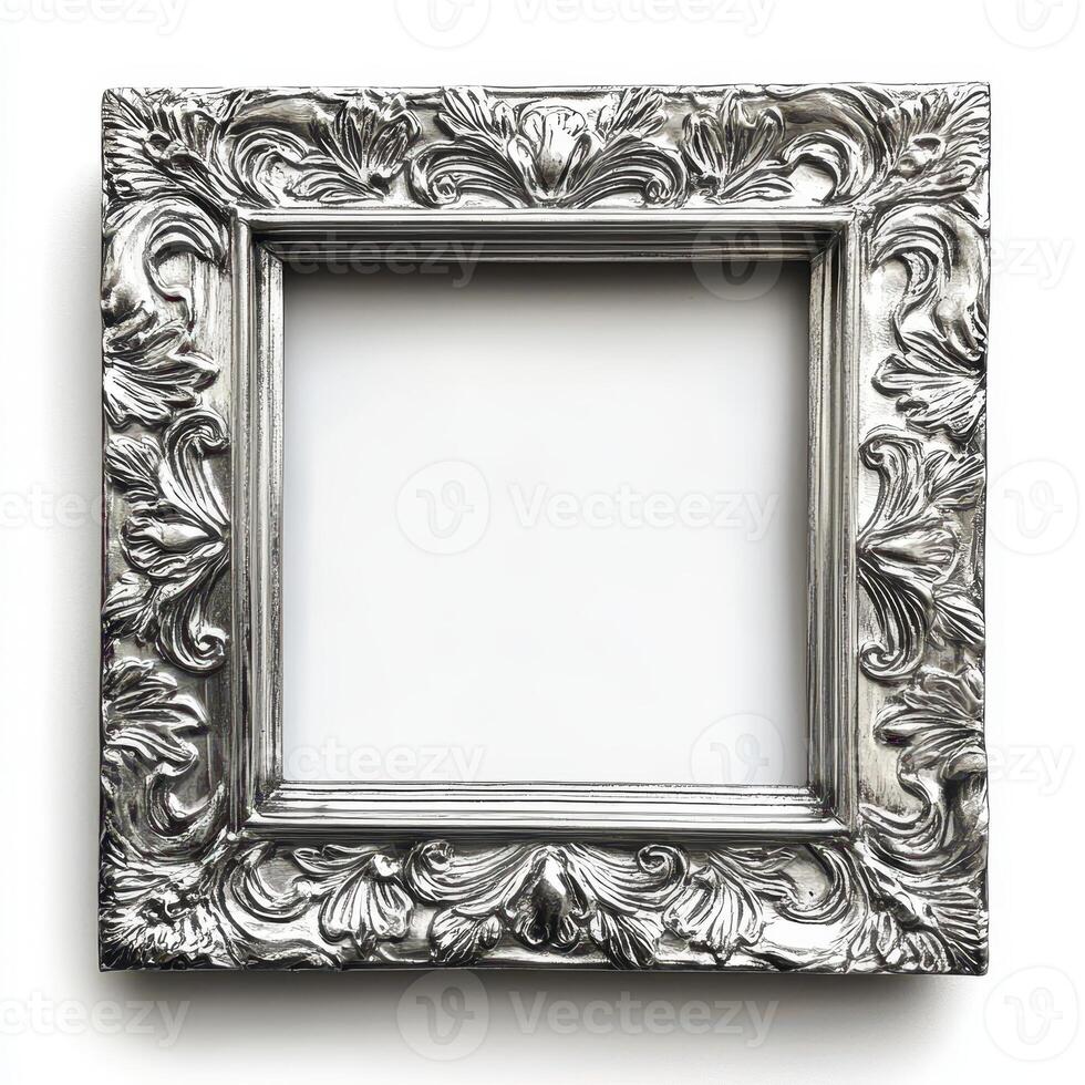 An ornate silver picture frame with intricate designs, intended for displaying artwork or photos. photo