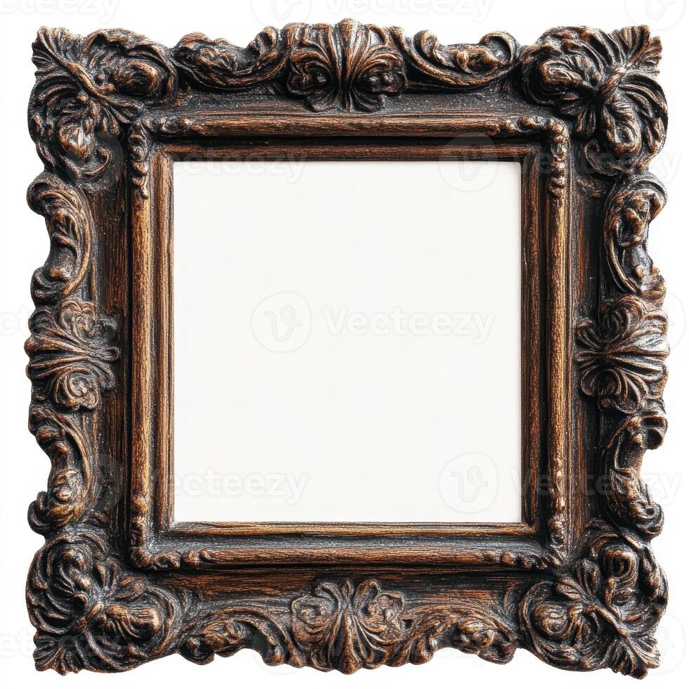 Ornate wooden picture frame with intricate carvings, empty for displaying artwork or photos., photo