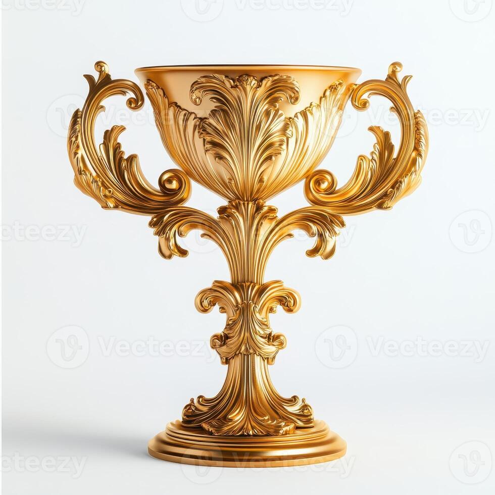 Ornate golden trophy with intricate designs and handles, symbolizing achievement and victory. photo