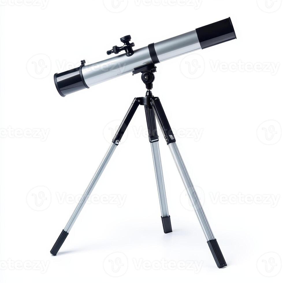 A silver telescope mounted on a tripod for observing celestial objects photo