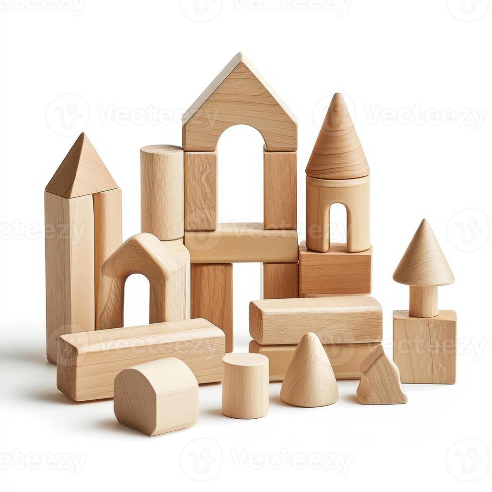 A collection of wooden building blocks arranged in various shapes for creative play photo