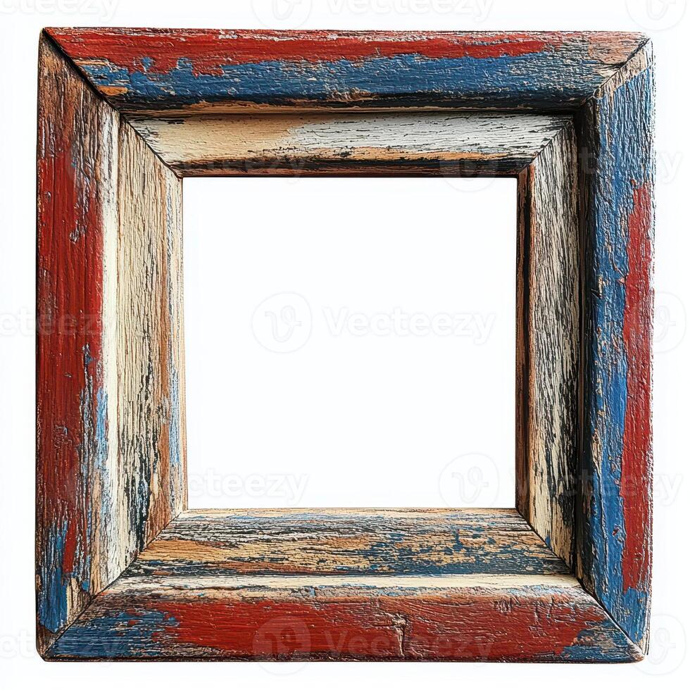 An empty, weathered wooden frame with a rustic design, ready for artwork or a photo. photo