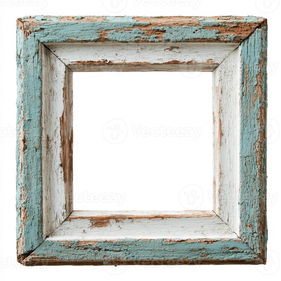 A rustic, weathered picture frame with a distressed turquoise and white finish. photo