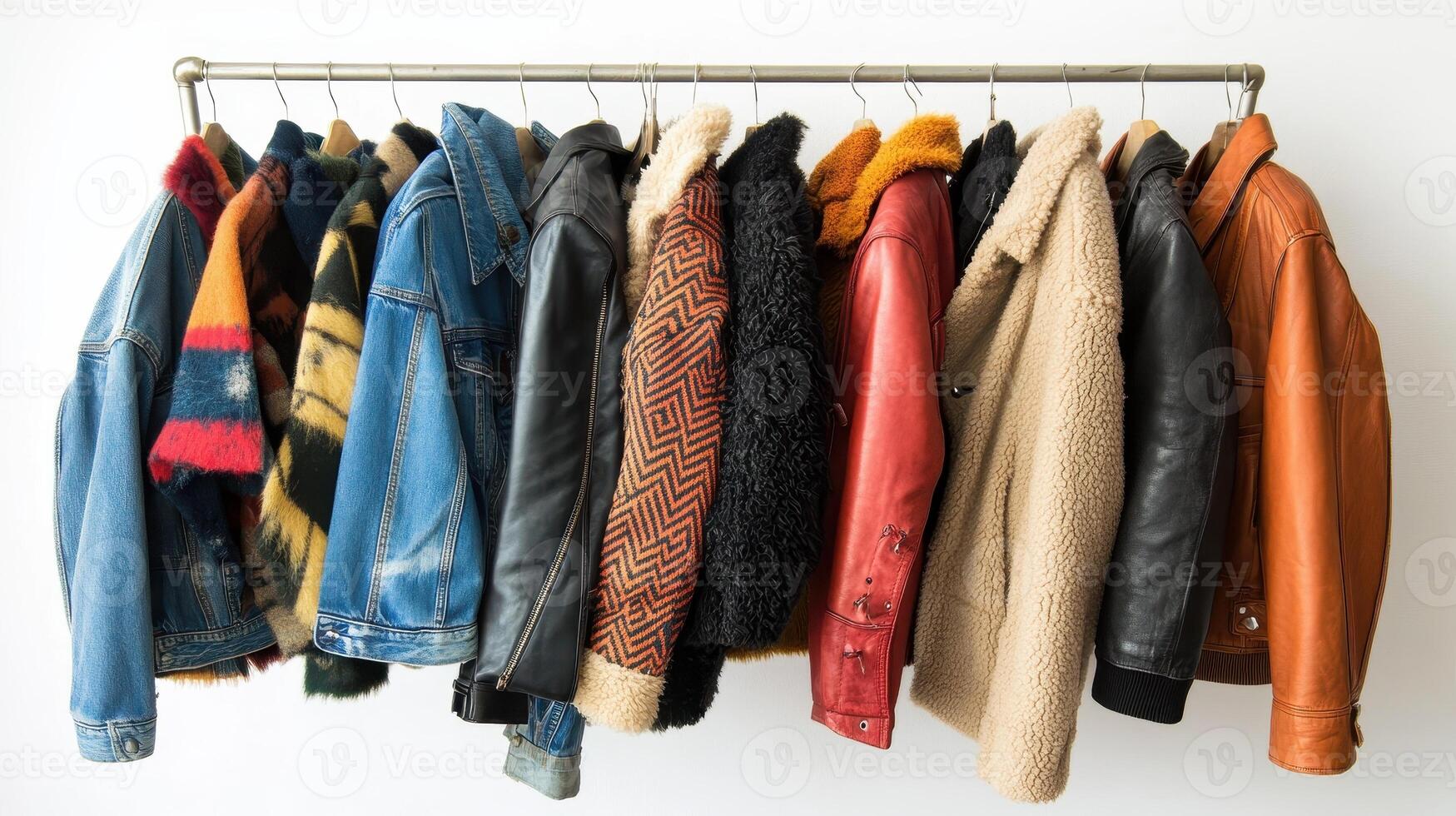 A collection of various jackets displayed on a rack, showcasing diverse styles and colors. photo