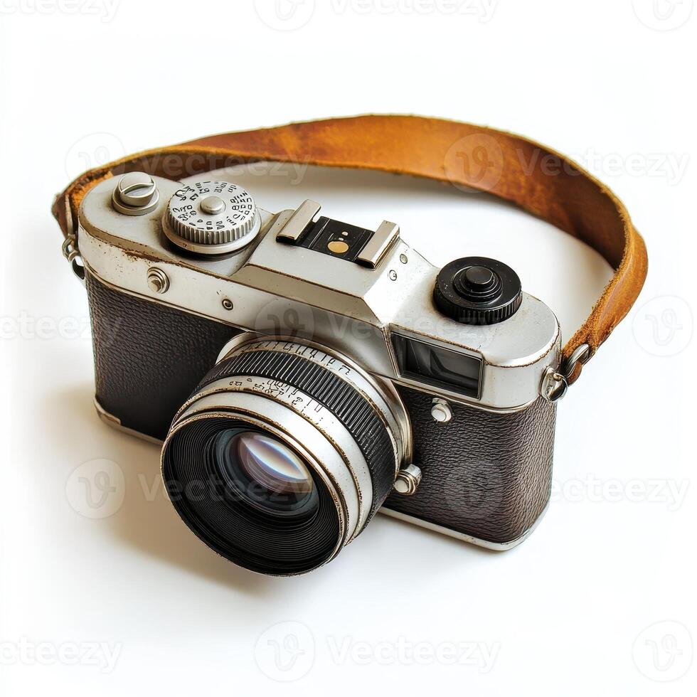 A vintage camera with a leather strap, designed for capturing photographs photo
