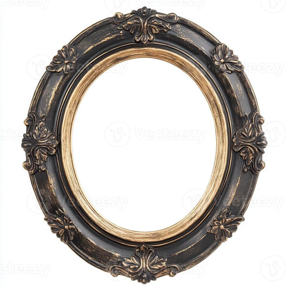 An ornate, vintage-style oval picture frame in black and gold, designed for displaying artwork. photo