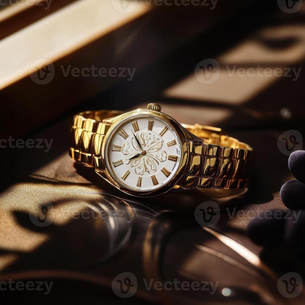A golden wristwatch with a white face, elegantly displayed in soft lighting. photo
