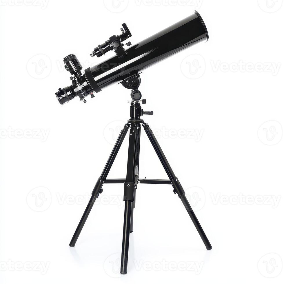 A black telescope mounted on a tripod, designed for stargazing and astronomical observations. photo
