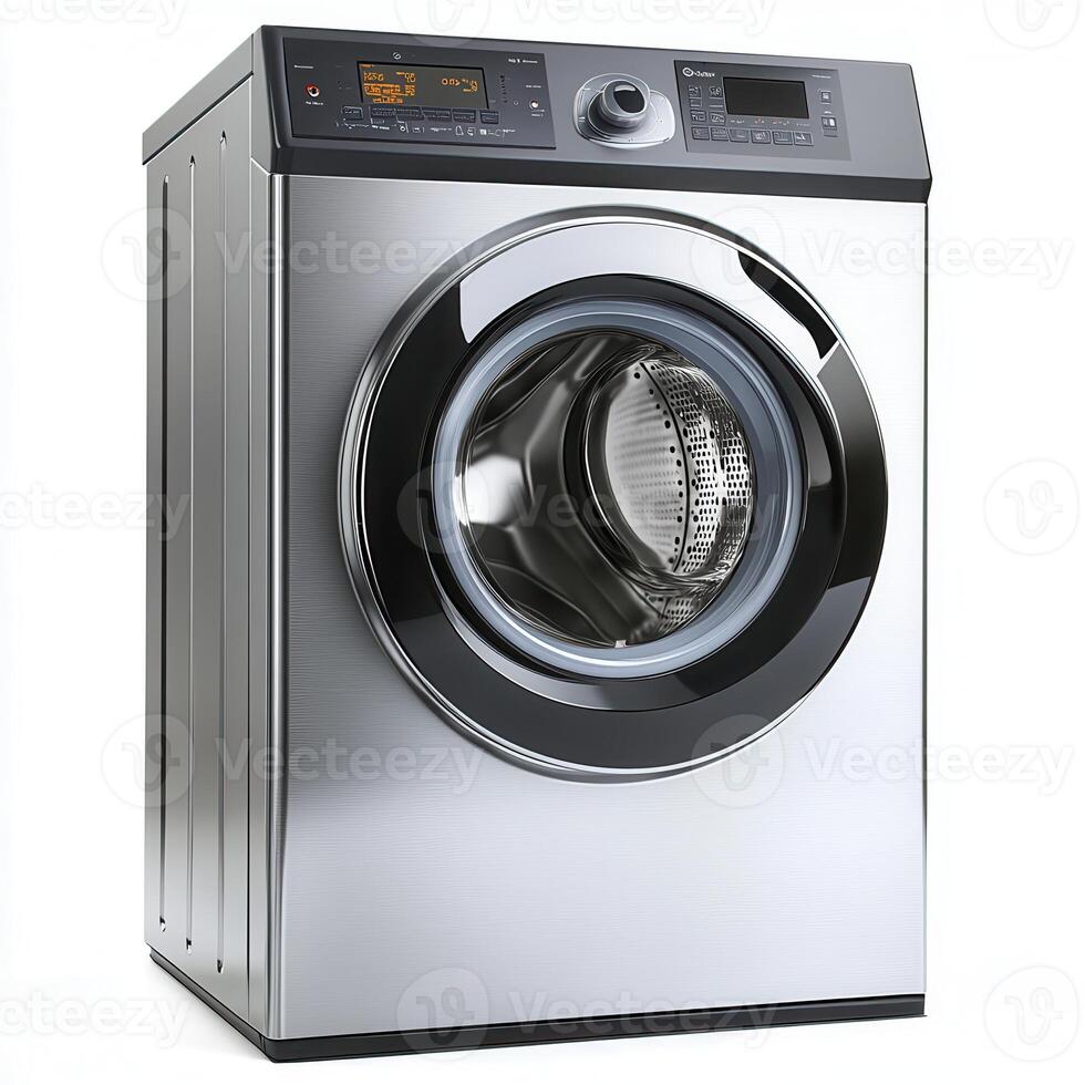 A modern washing machine with a large front door and digital controls for laundry photo