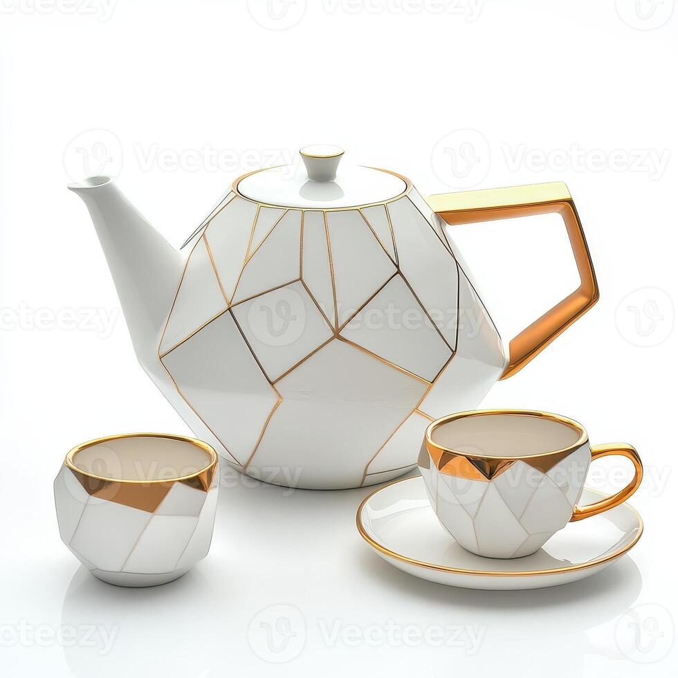 A modern geometric tea set featuring a teapot and cups with gold accents. photo
