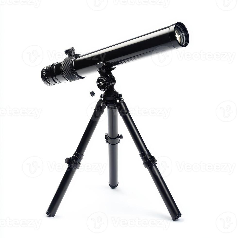 A black telescope mounted on a tripod, designed for stargazing and astronomical observation. photo