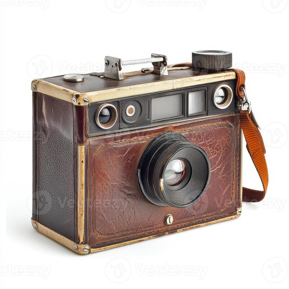 A vintage camera with a leather exterior and metal accents, designed for photography. photo