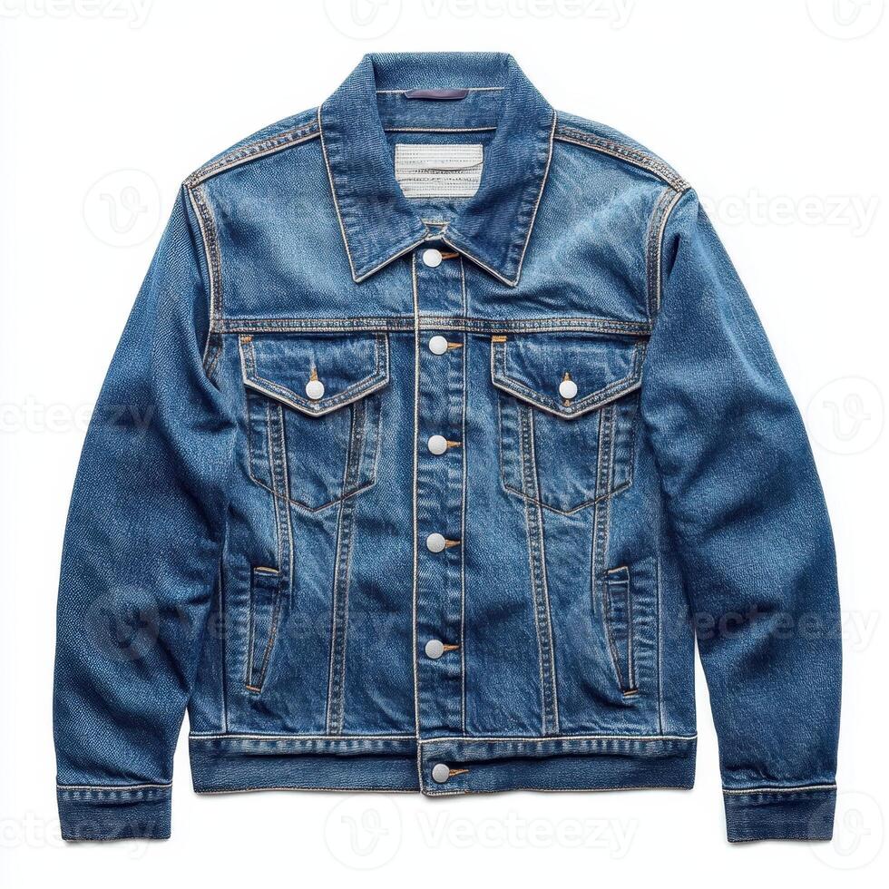 A classic blue denim jacket with a button-up front and multiple pockets. photo