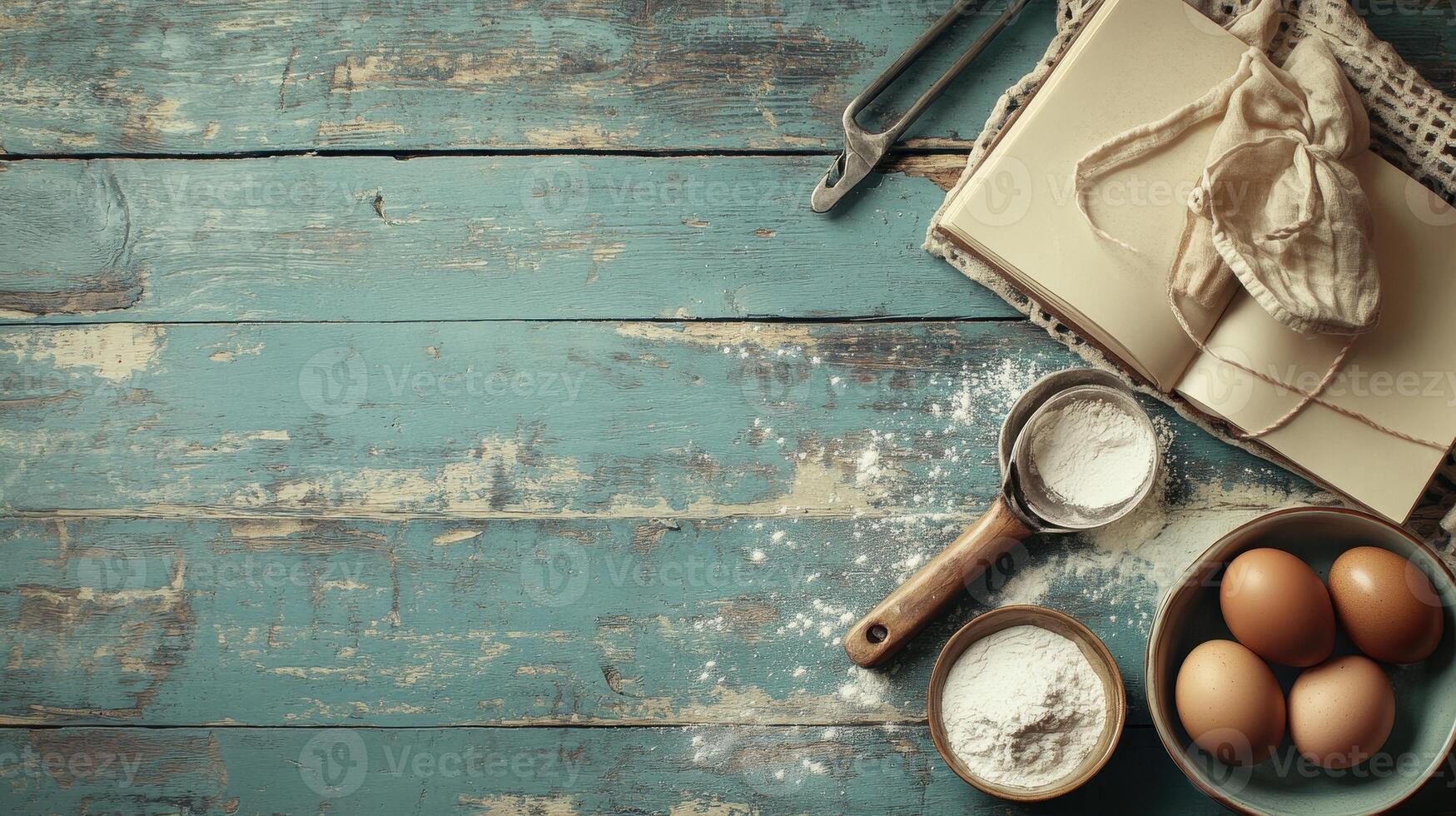 A rustic kitchen scene with ingredients for baking, including eggs, flour, and a recipe book. photo