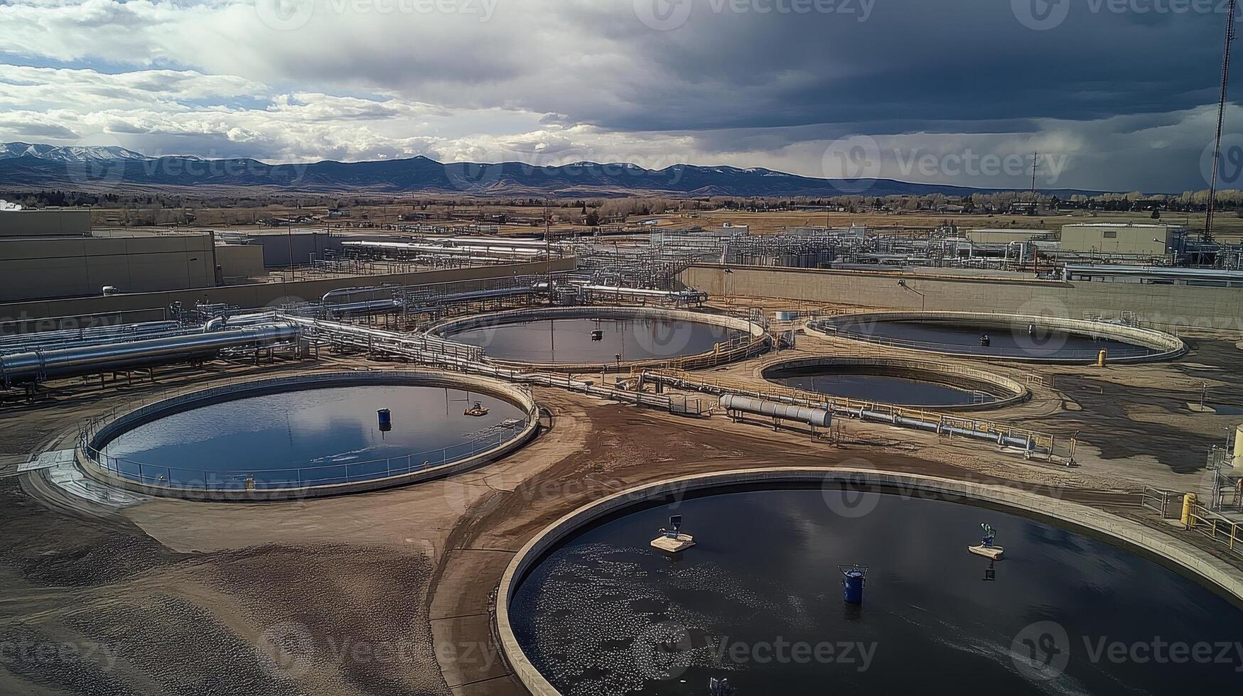 Aerial view of water treatment facility with circular tanks and pipelines. photo