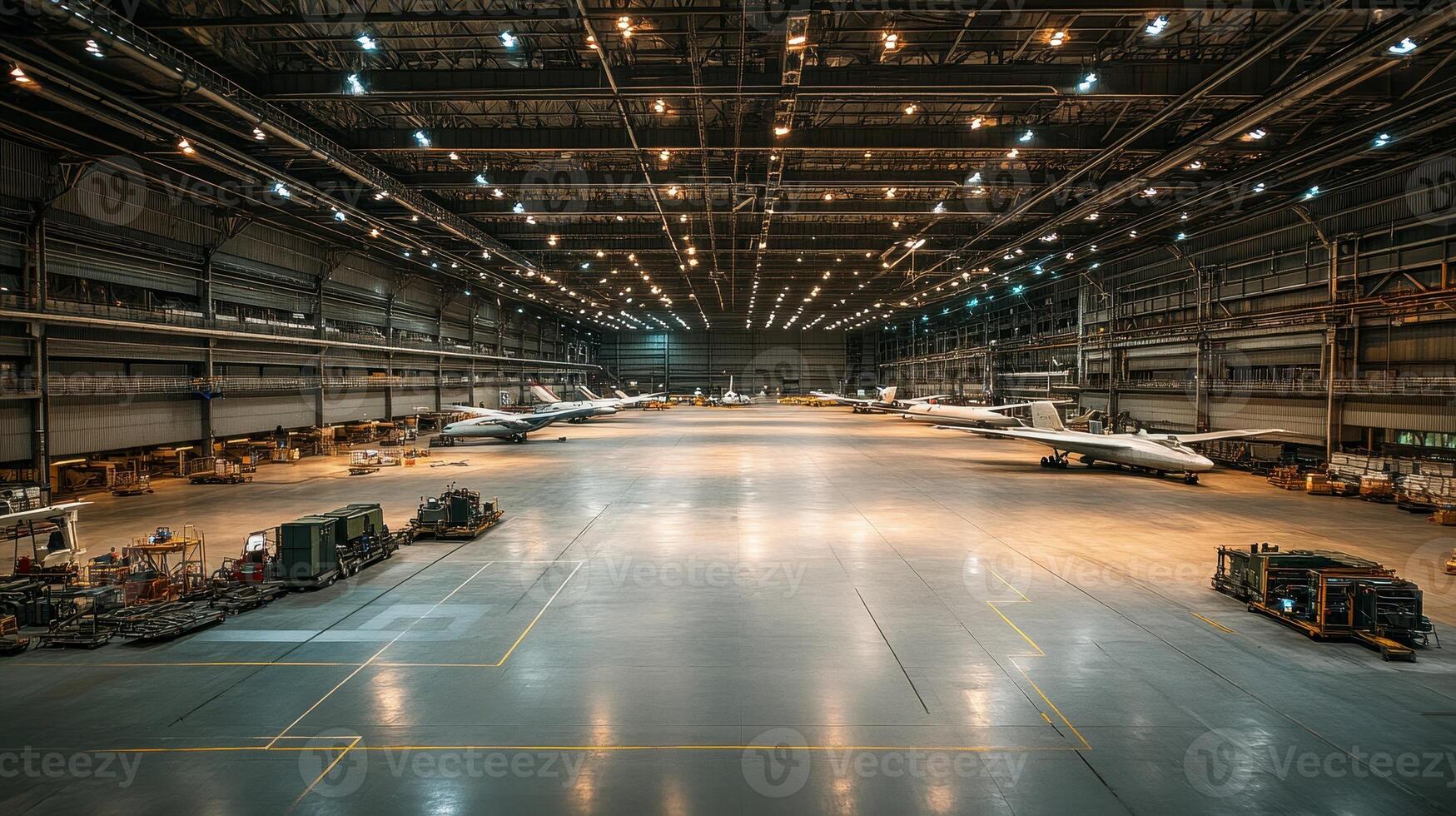 A spacious aircraft hangar housing several jets and equipment. photo