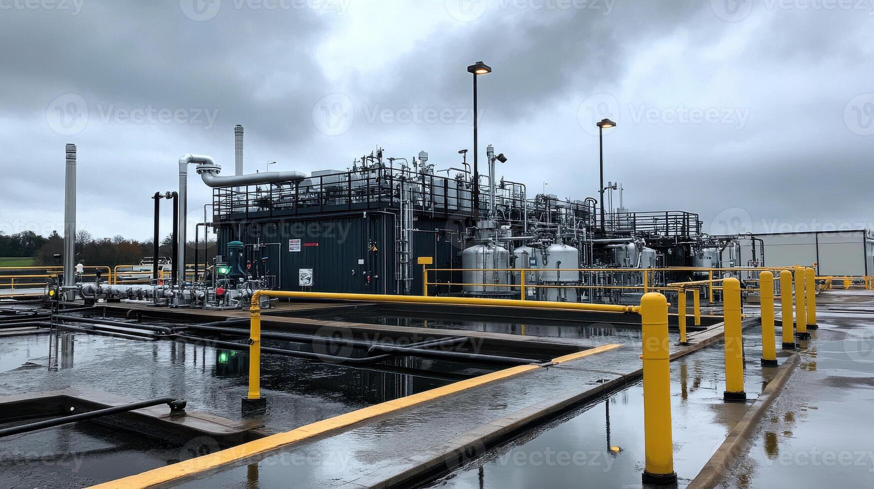 Industrial facility with pipes and tanks under a cloudy sky. photo