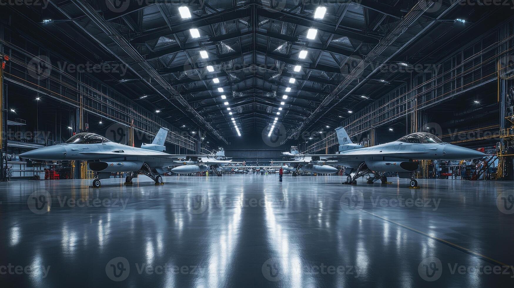 Two fighter jets in a spacious hangar, showcasing military aviation and engineering. photo