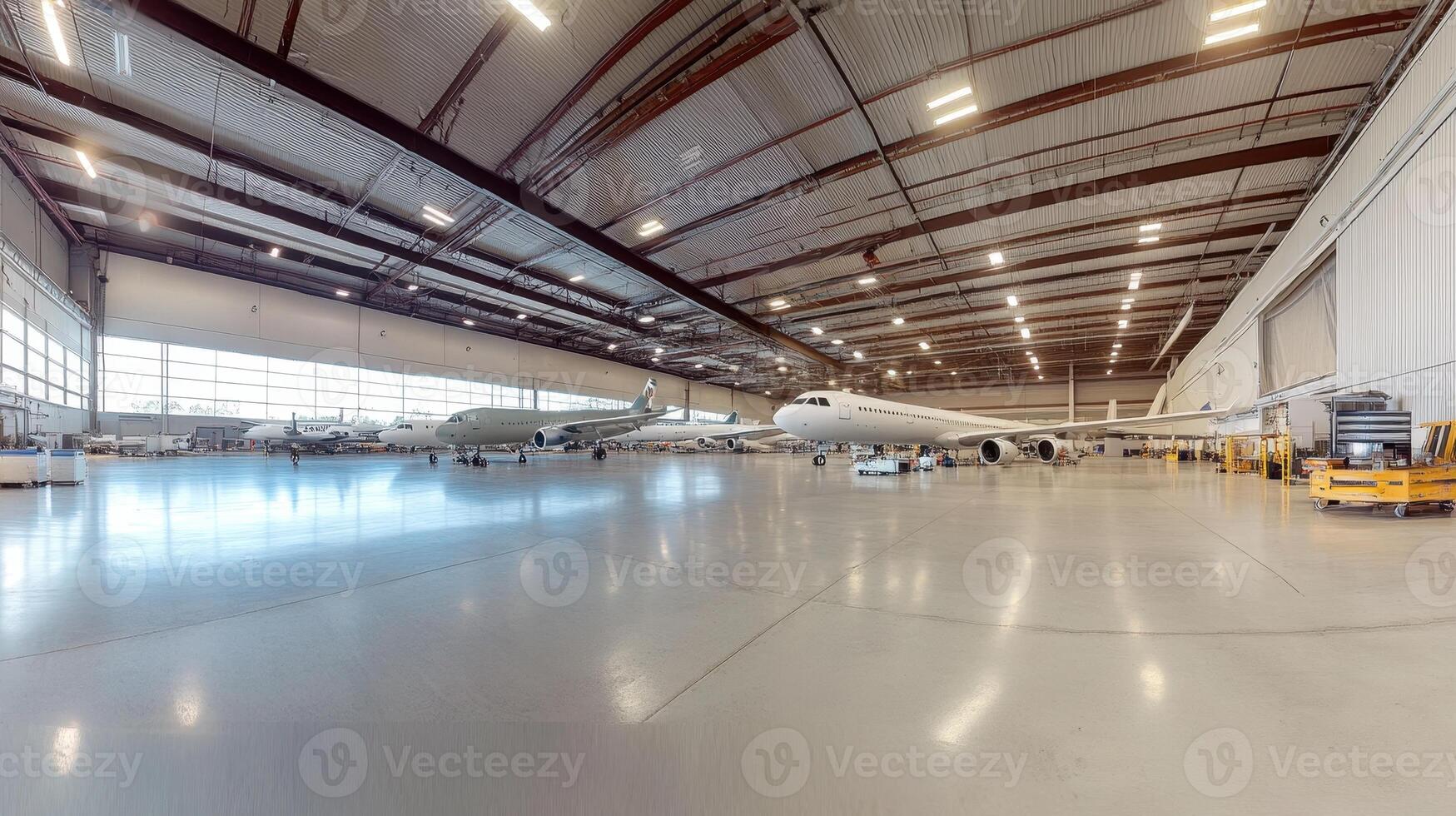 A spacious aircraft hangar with multiple planes and a clean, well-lit environment. photo