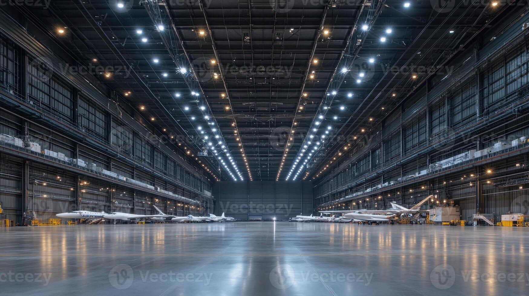 A spacious aircraft hangar with multiple planes lined up, illuminated by bright overhead lights. photo