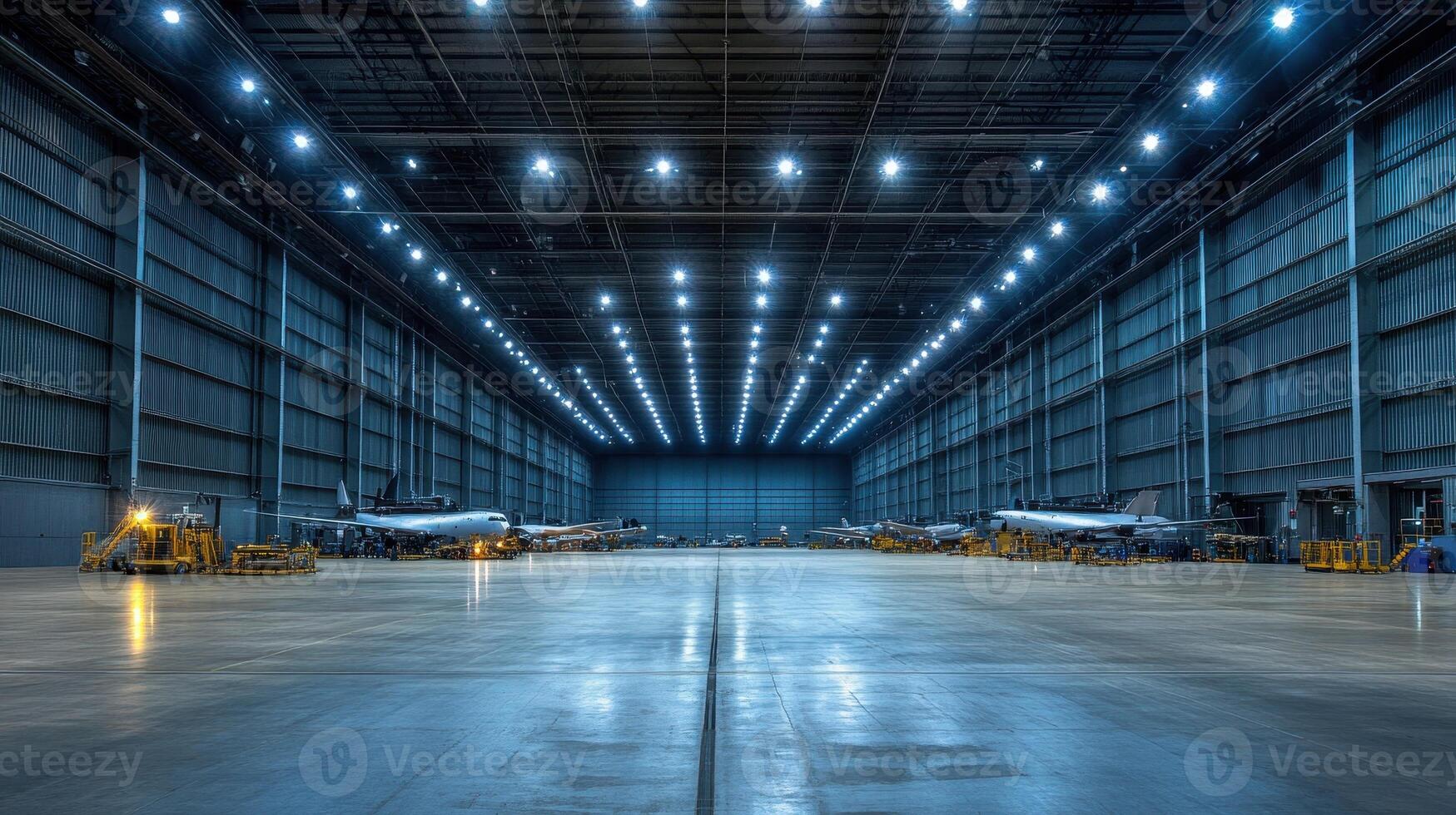A spacious aircraft hangar with parked planes and bright overhead lights. photo