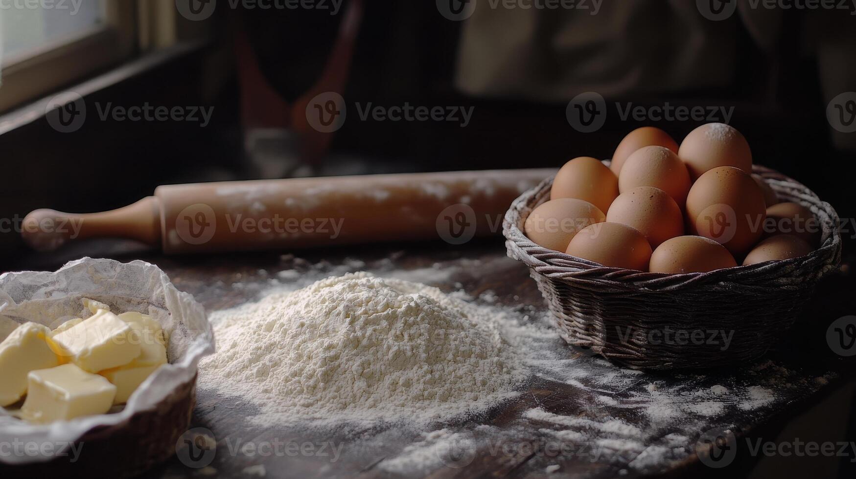 A rustic kitchen scene with eggs, flour, and butter, ready for baking photo