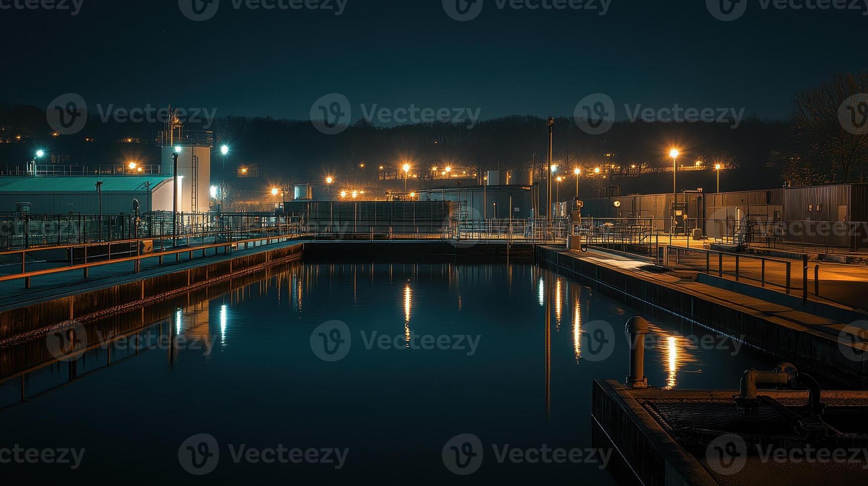 A nighttime industrial scene with illuminated structures and calm water reflections. photo