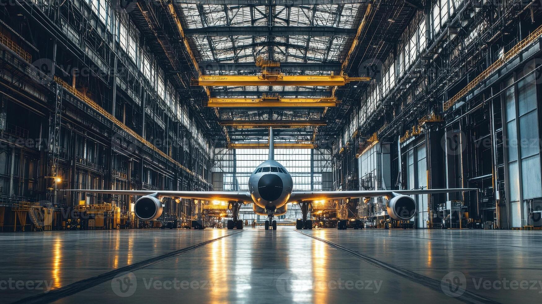 A large aircraft inside a spacious hangar, illuminated by overhead lights. photo
