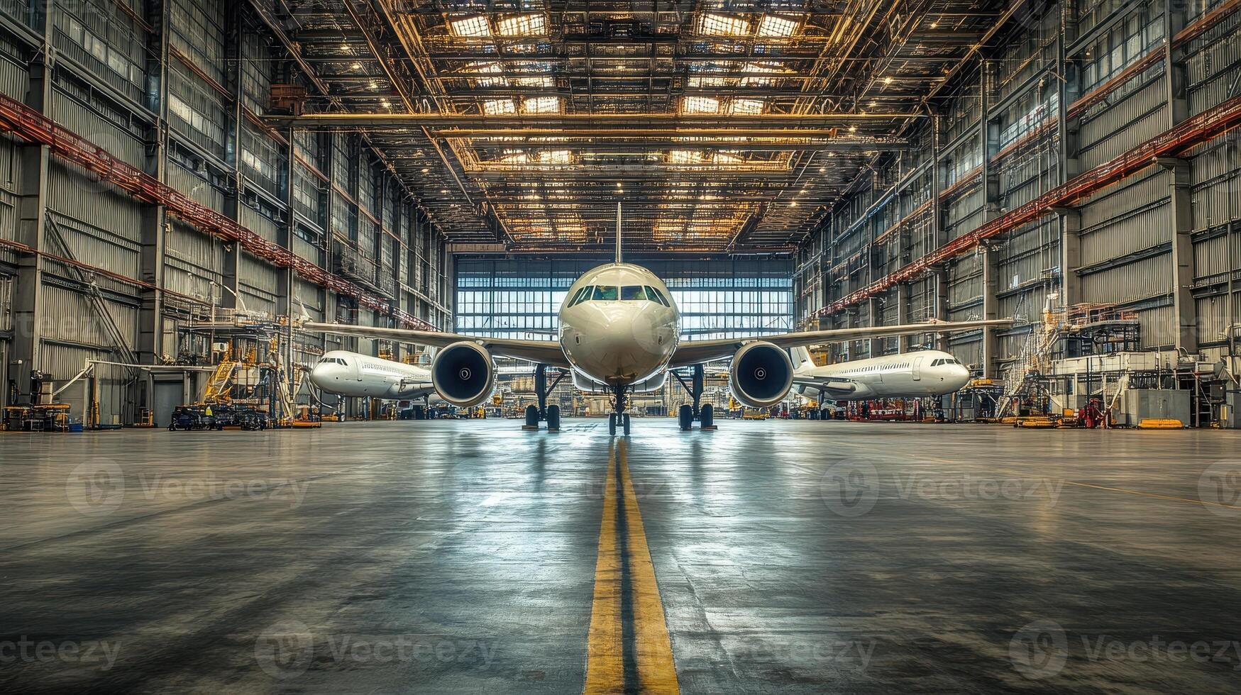 A spacious aircraft hangar with two airplanes, showcasing aviation maintenance and storage. photo