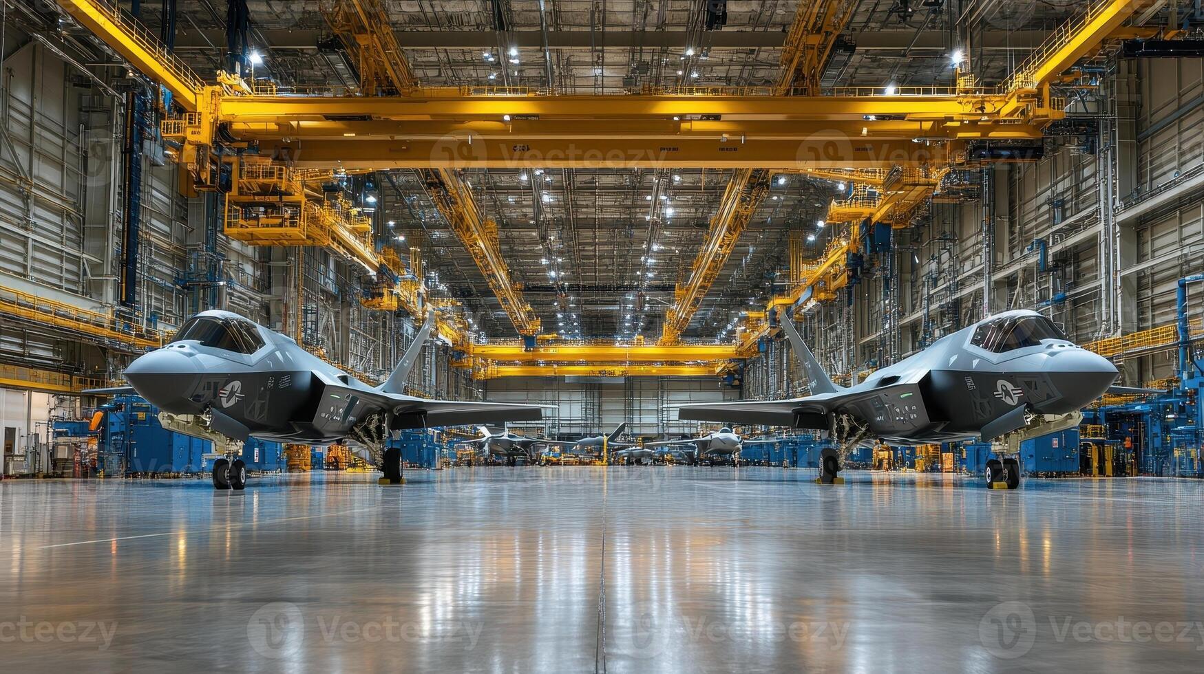 Two advanced fighter jets in a spacious manufacturing facility. photo