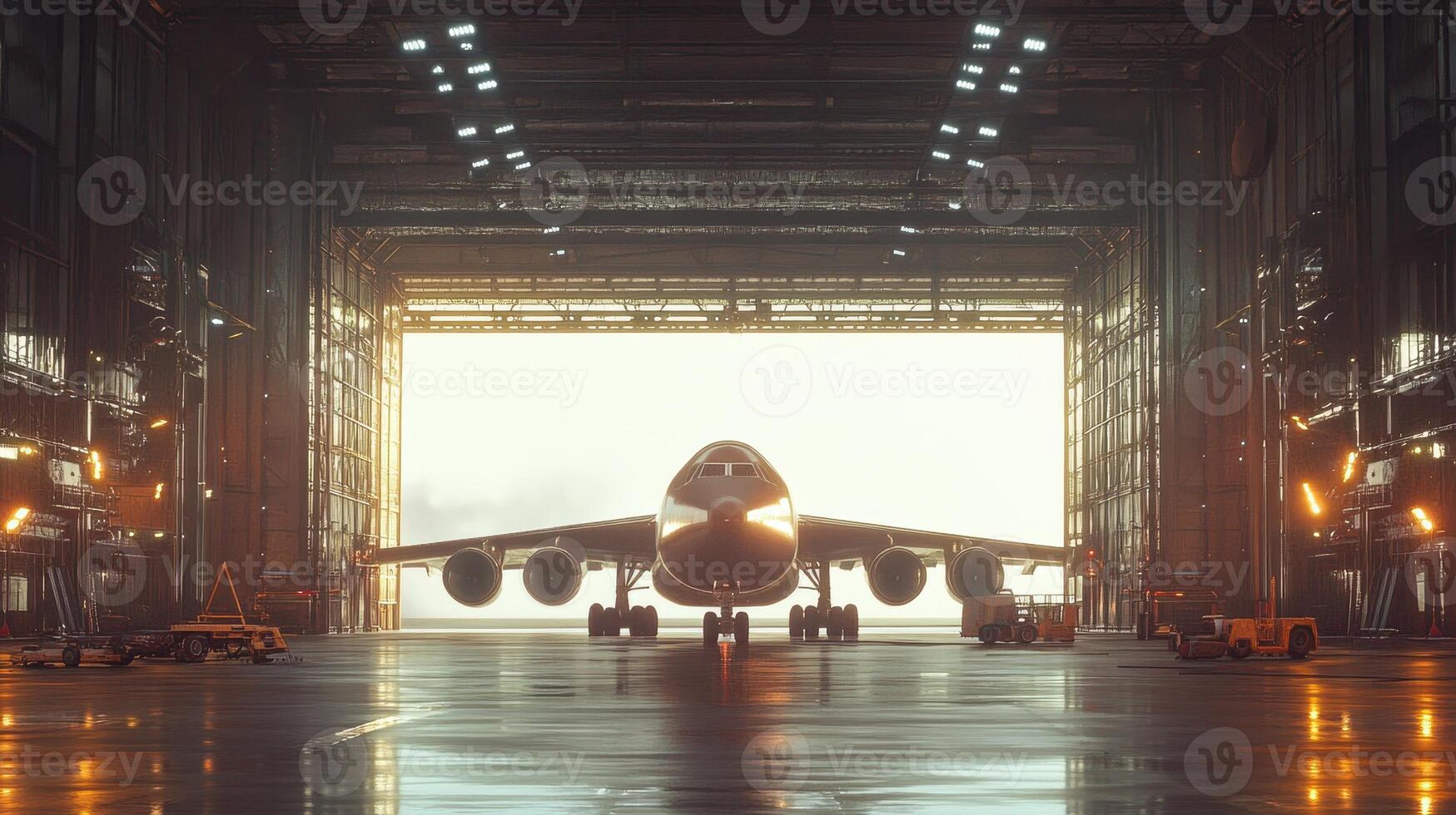 A large airplane is positioned in a hangar, illuminated by soft light from the open doors. photo